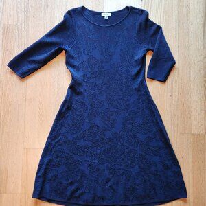Calvin Klein Dark Blue Jacquard Knit 3/4 Sleeve Sheath Dress Size L Boho Chic